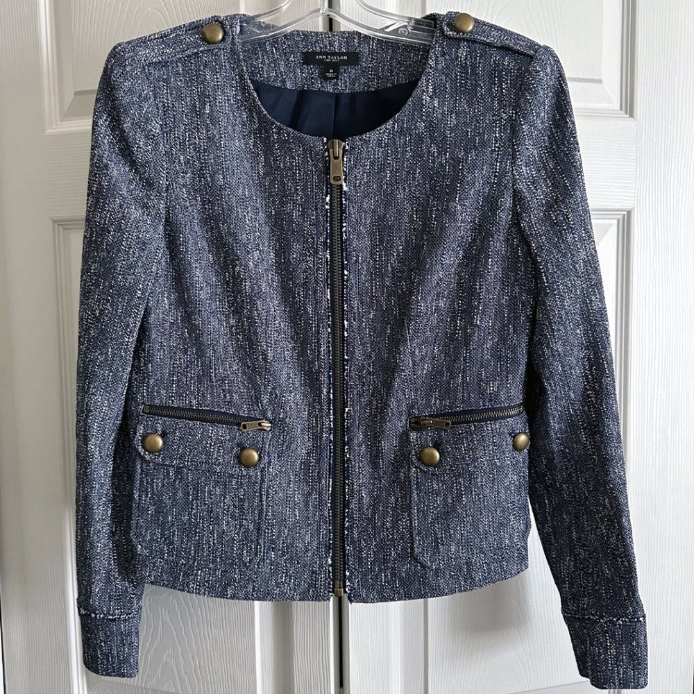 Ann Taylor, Navy Textured Military Detail Collarless Jacket, Size 8